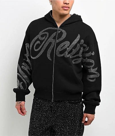 True Religion Rhinestone Script Black Boxy Bodybag Hoodie