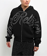 True Religion Rhinestone Script Black Boxy Bodybag Hoodie