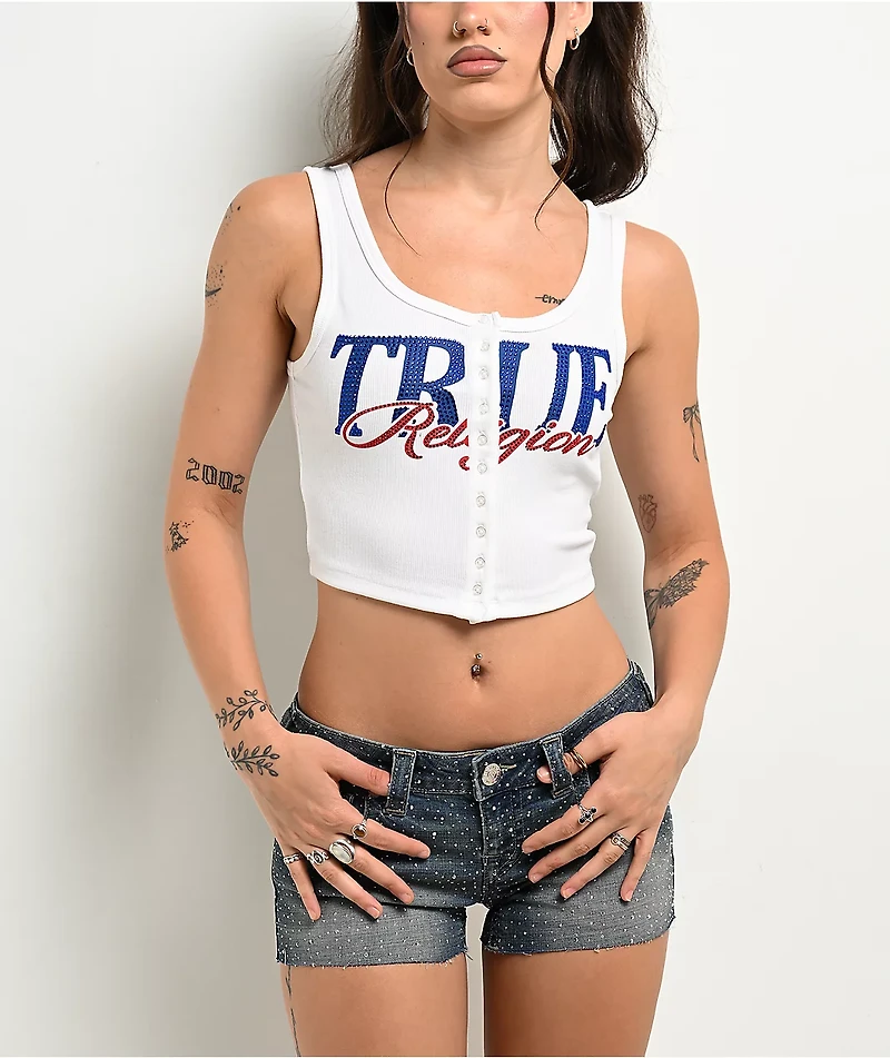 True Religion Ribbed White Button Up Crop Tank Top