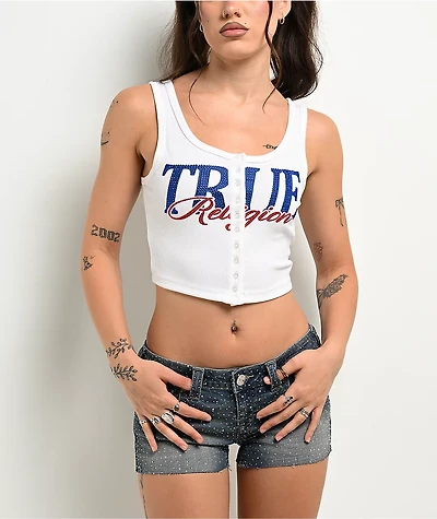 True Religion Ribbed White Button Up Crop Tank Top