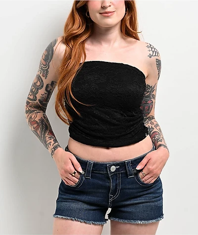 True Religion Ruched Black Lace Tube Top