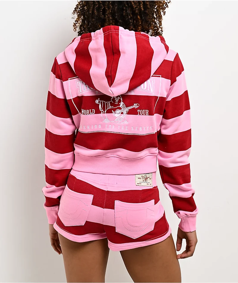True Religion Rugby Sporty V Notch Pink Stripe Hoodie