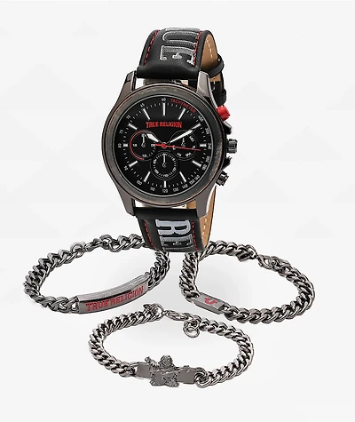 True Religion Script Band Black & Red Watch & Bracelet Combo