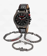 True Religion Script Band Black & Red Watch & Bracelet Combo