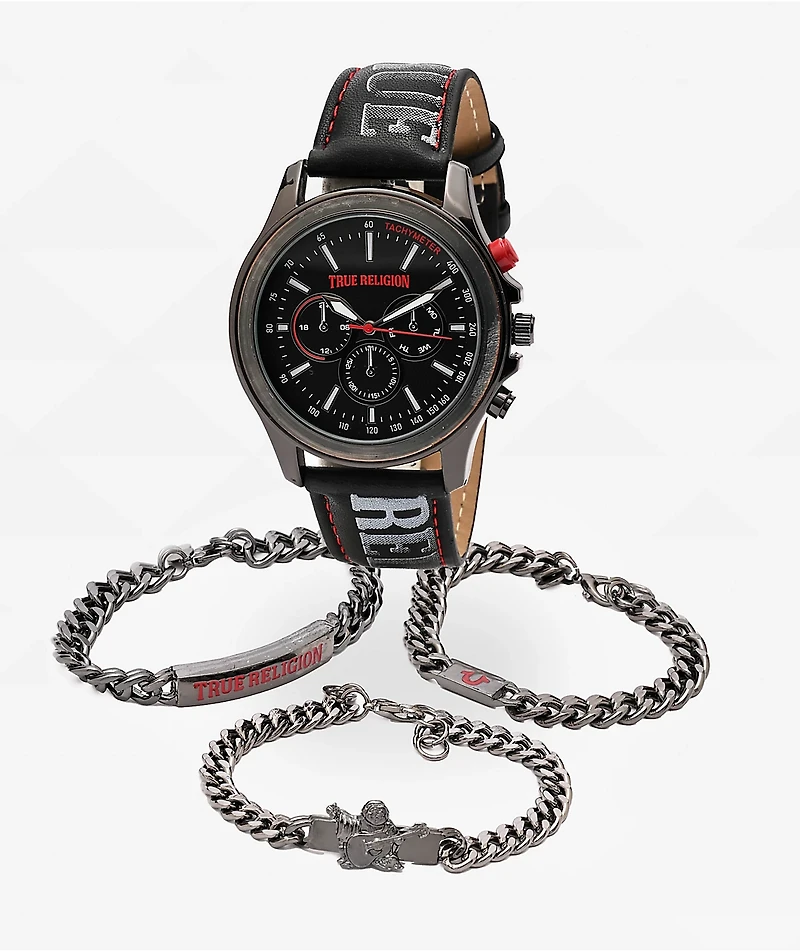 True Religion Script Band Black & Red Watch & Bracelet Set