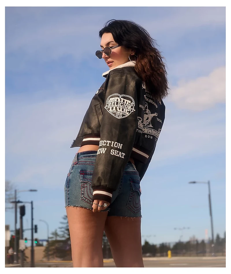 True Religion Sherpa Collared Washed Brown Crop Aviator Jacket