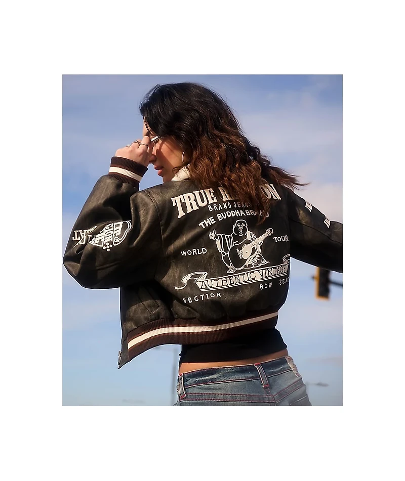 True Religion Sherpa Collared Washed Brown Crop Aviator Jacket