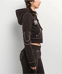 True Religion Shrunken Big T Brown Crop Zip Hoodie