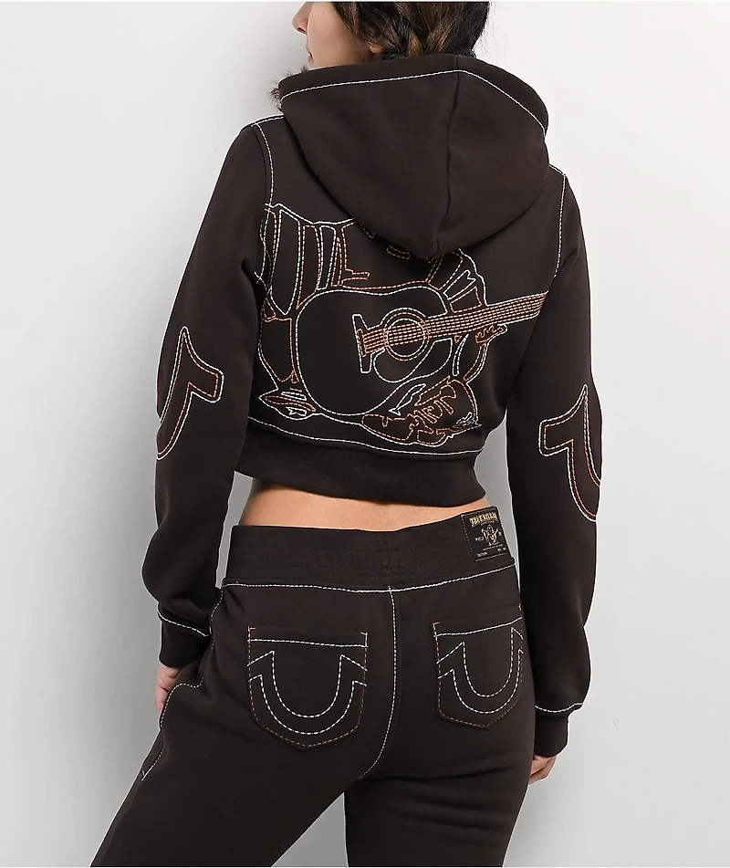 True Religion Shrunken Big T Brown Crop Zip Hoodie