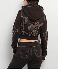 True Religion Shrunken Big T Brown Crop Zip Hoodie