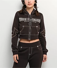 True Religion Shrunken Big T Brown Crop Zip Hoodie