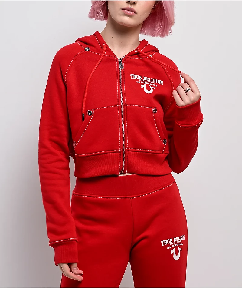True Religion Shrunken Crystal Wing Barbados Cherry Red Crop Zip Hoodie