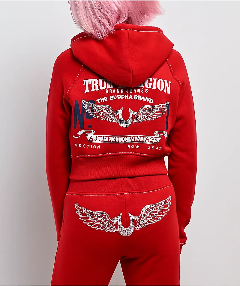 True Religion Shrunken Crystal Wing Barbados Cherry Red Crop Zip Hoodie