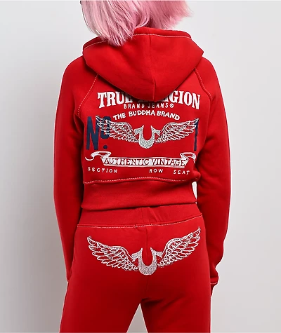 True Religion Shrunken Crystal Wing Barbados Cherry Red Crop Zip Hoodie