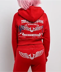 True Religion Shrunken Crystal Wing Barbados Cherry Red Crop Zip Hoodie