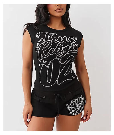 True Religion Sporty Black Ribbed Raglan T-Shirt