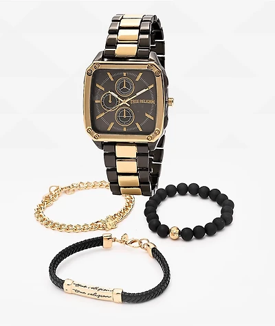 True Religion Square Black & Gold Watch & Bracelet Combo