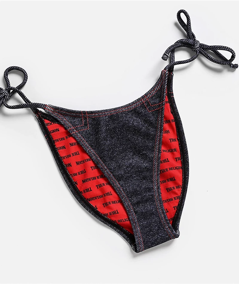True Religion Stitching Logo Blue High Leg Bikini Bottom