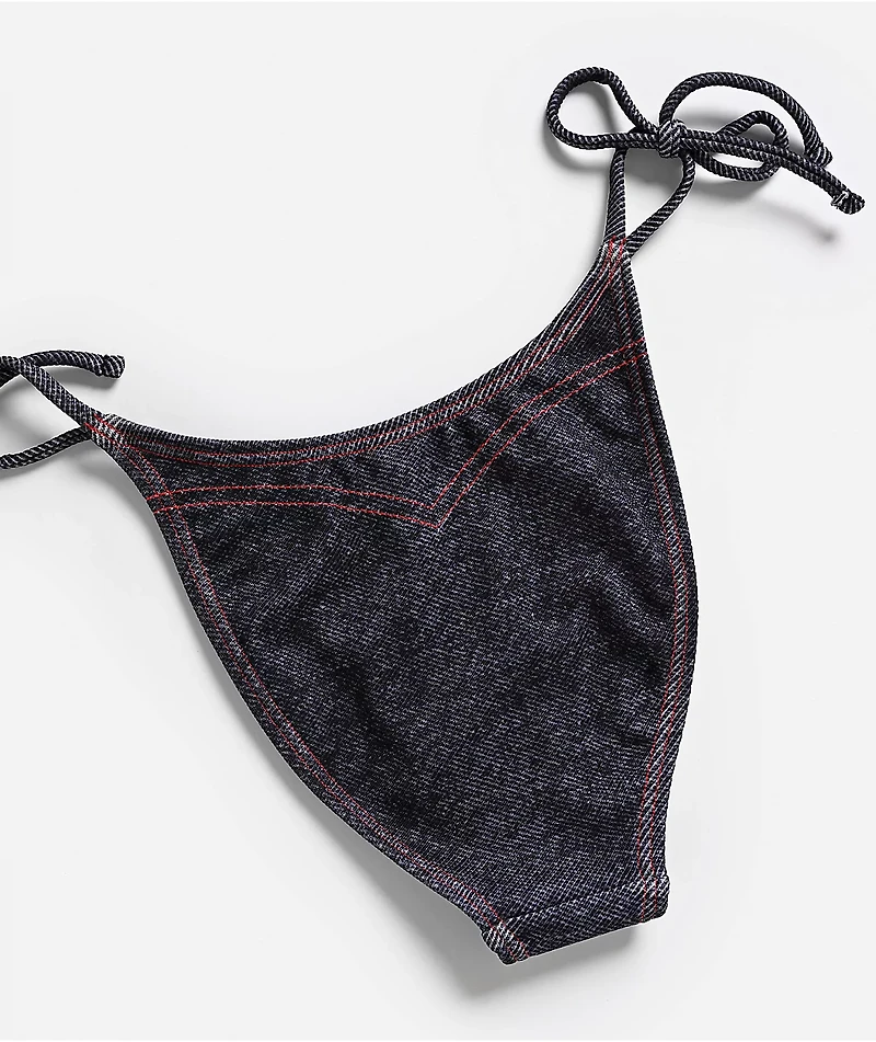 True Religion Stitching Logo Blue High Leg Bikini Bottom