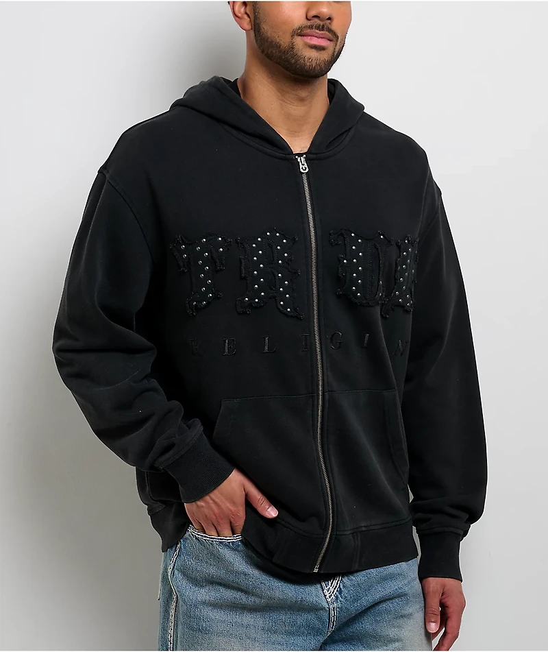 True Religion Studded Logo Black Wash Zip Hoodie