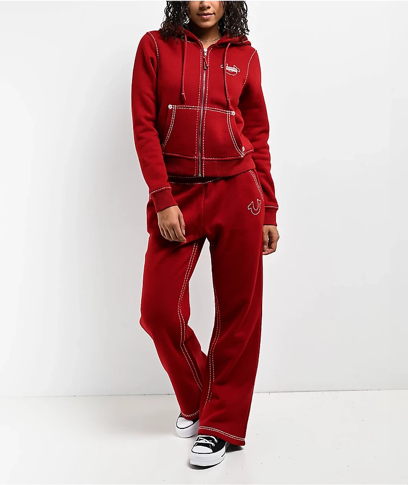True Religion Super T Fleece Ruby Red Crop Zip Hoodie