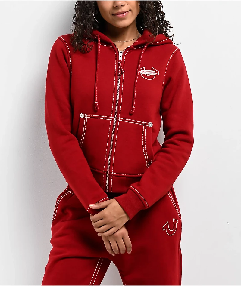 True Religion Super T Fleece Ruby Red Crop Zip Hoodie