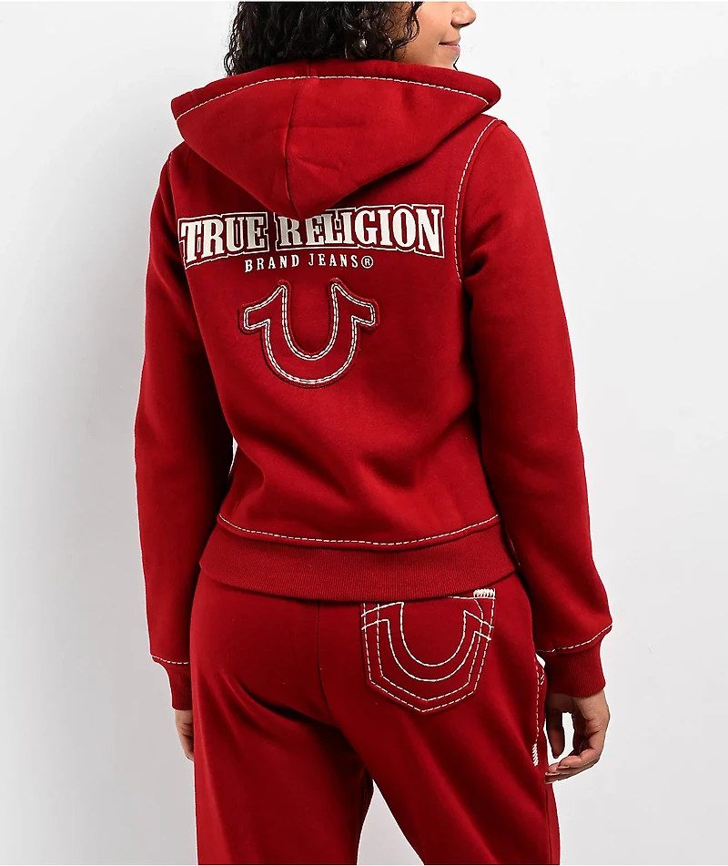 True Religion Super T Fleece Ruby Red Crop Zip Hoodie