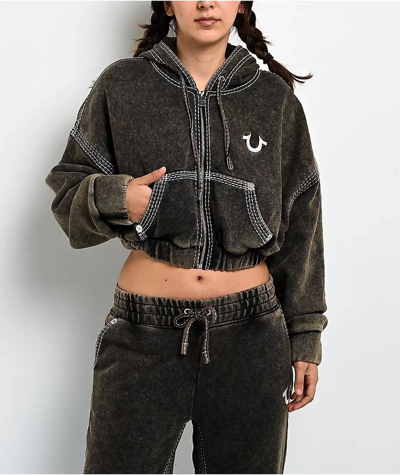 True Religion Super T Rust Brown Wash Crop Zip Hoodie