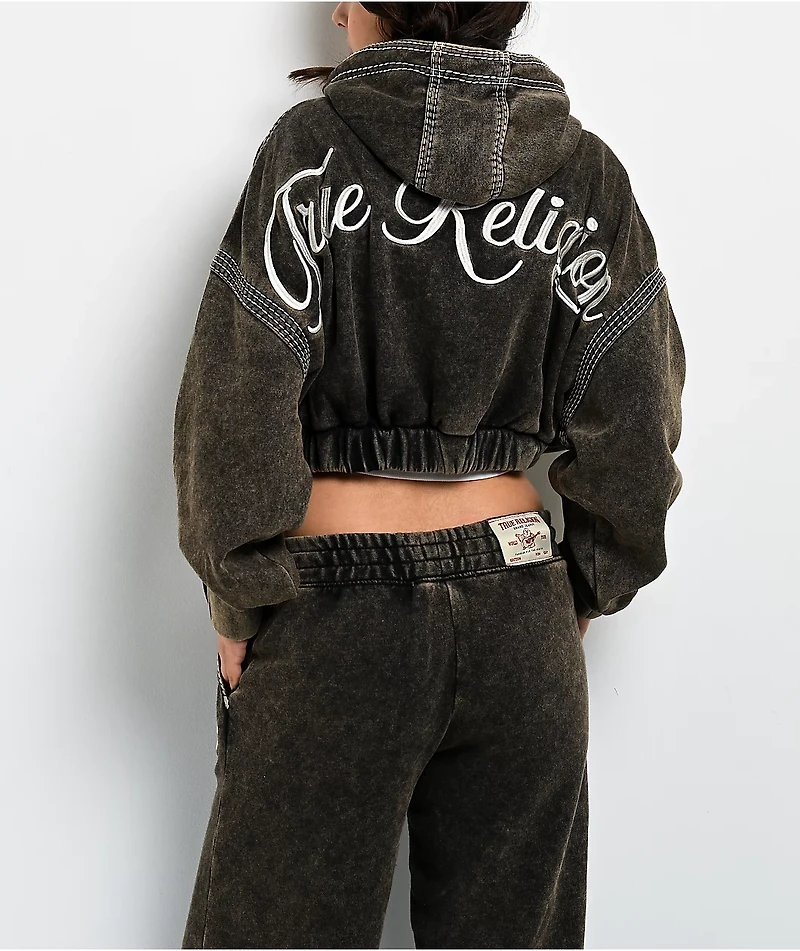 True Religion Super T Rust Brown Wash Crop Zip Hoodie