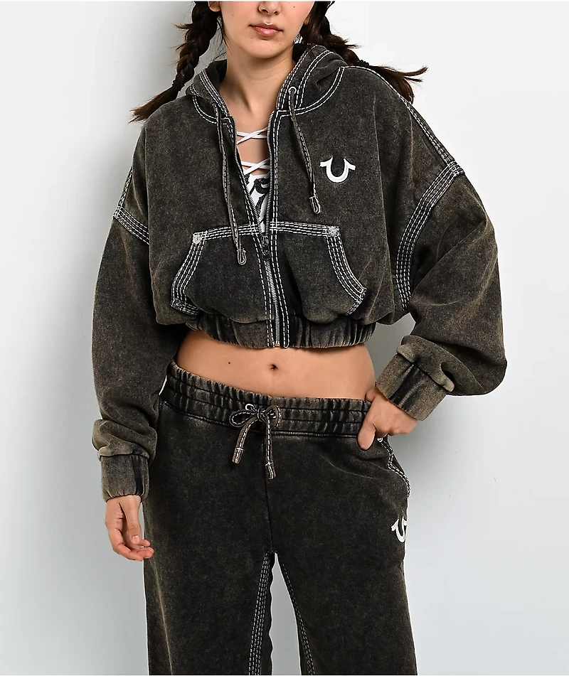 True Religion Super T Rust Brown Wash Crop Zip Hoodie