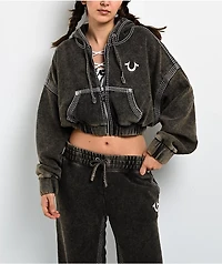 True Religion Super T Rust Brown Wash Crop Zip Hoodie