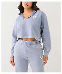 True Religion V Notch Blue Fog Wash Crop Hoodie