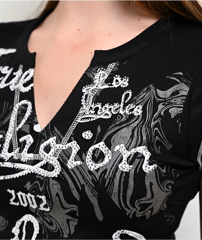 True Religion V-Notch Ribbed Black Crop T-Shirt