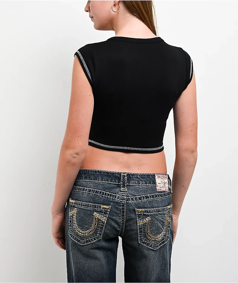True Religion V-Notch Ribbed Black Crop T-Shirt