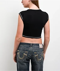 True Religion V-Notch Ribbed Black Crop T-Shirt