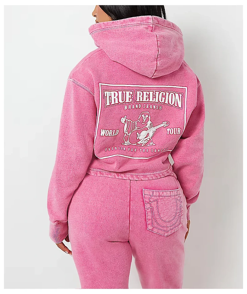 True Religion V Notch Very Berry Pink Wash Crop Hoodie