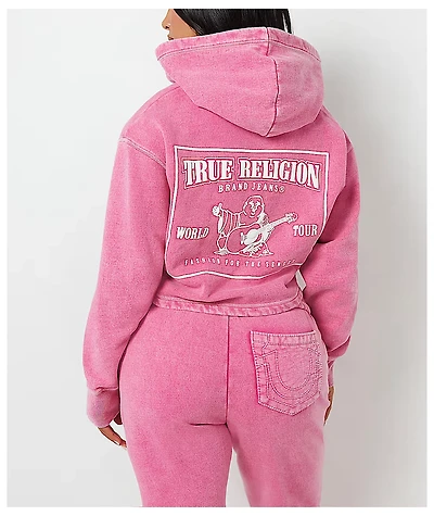 True Religion V Notch Very Berry Pink Wash Crop Hoodie