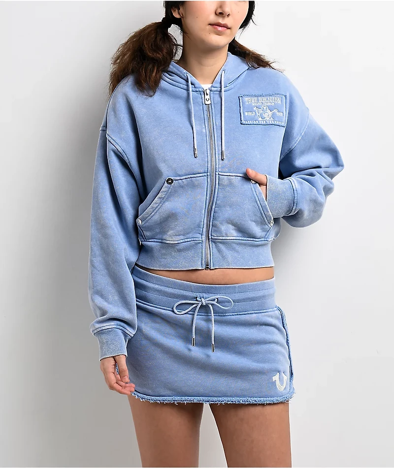True Religion Vintage Blue Wash Crop Zip Hoodie