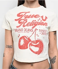 True Religion Vintage Cherry Logo Winter White Crop T-Shirt