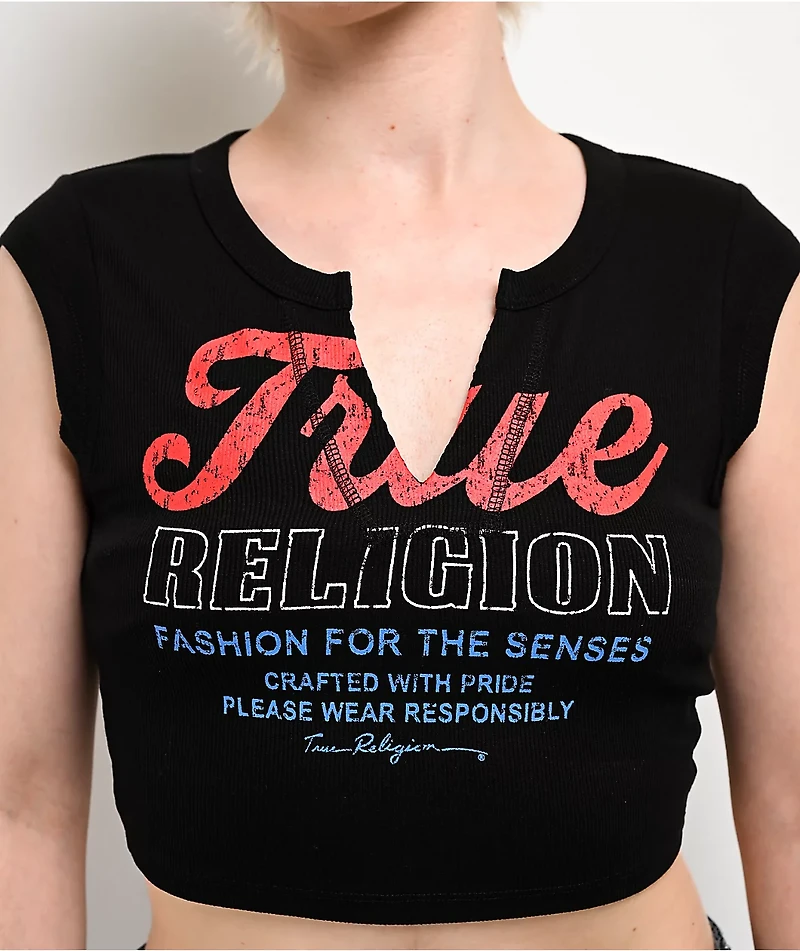 True Religion Vintage Logo V Notch Black Crop T-Shirt