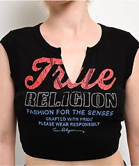 True Religion Vintage Logo V Notch Black Crop T-Shirt
