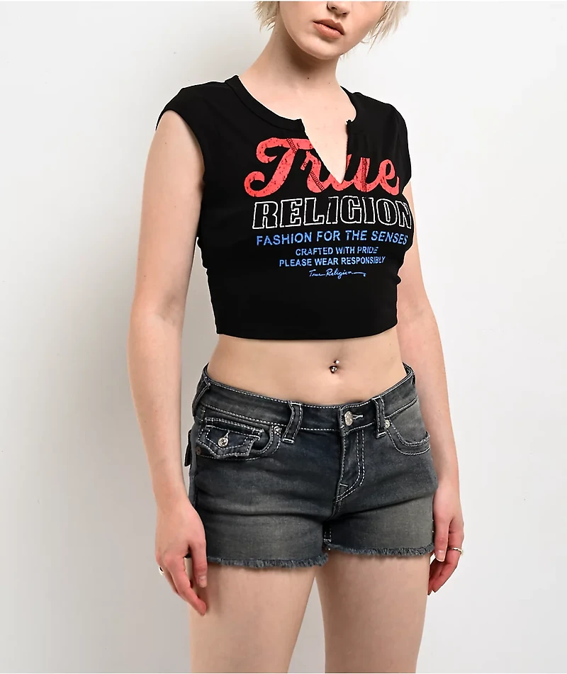True Religion Vintage Logo V Notch Black Crop T-Shirt