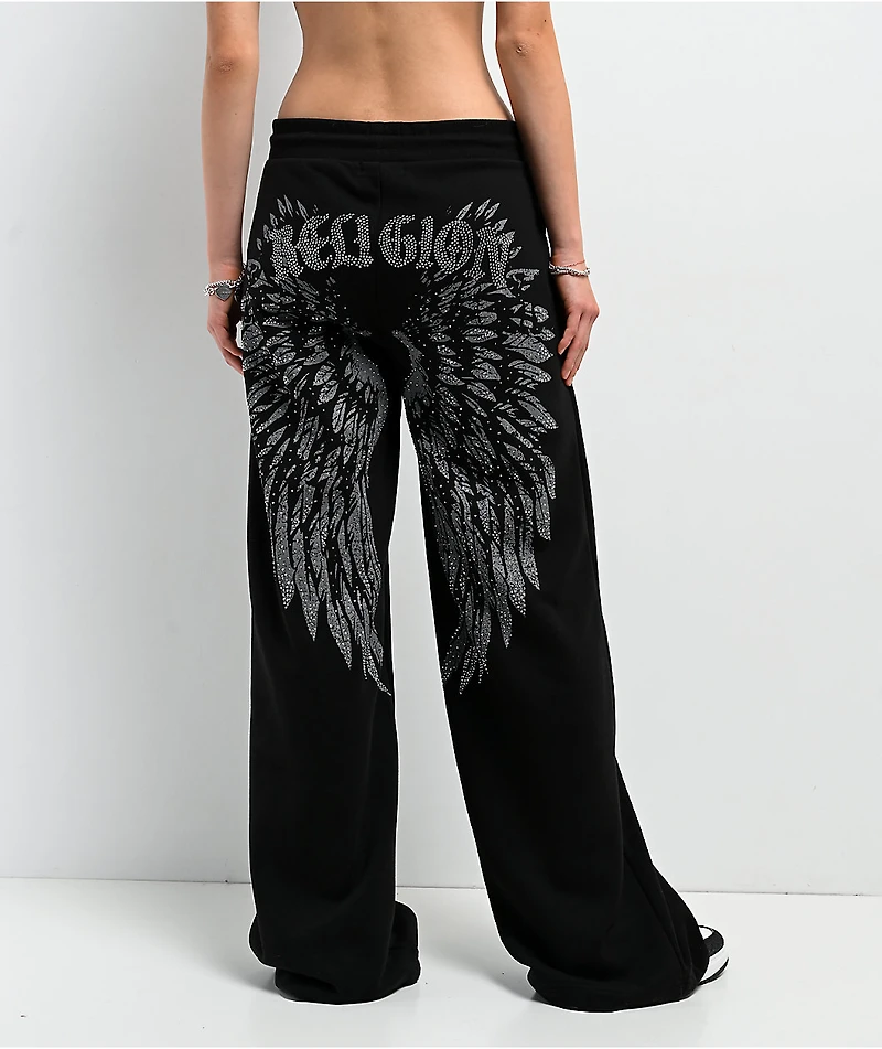 True Religion Winged Crystal Black Baggy Sweatpants