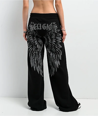 True Religion Winged Crystal Black Baggy Sweatpants