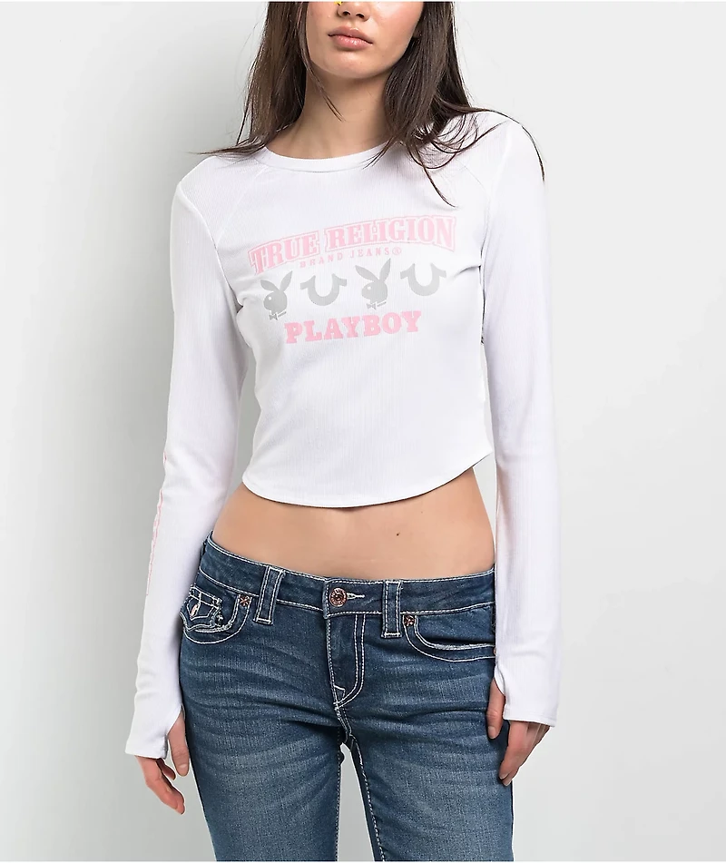 True Religion x Playboy Logo White Long Sleeve Crop T-Shirt