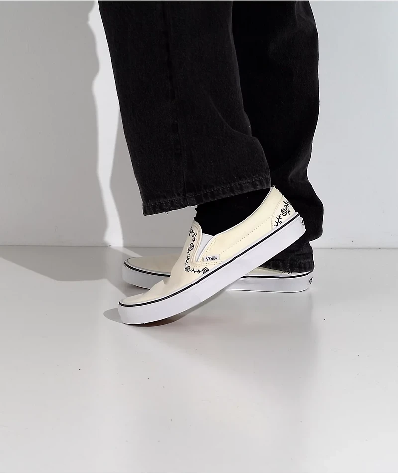 Vans Classic Slip-On Rose & Thorn White Skate Shoes
