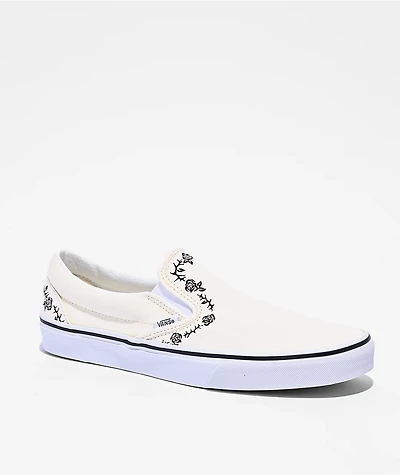 Vans Classic Slip-On Rose & Thorn White Skate Shoes