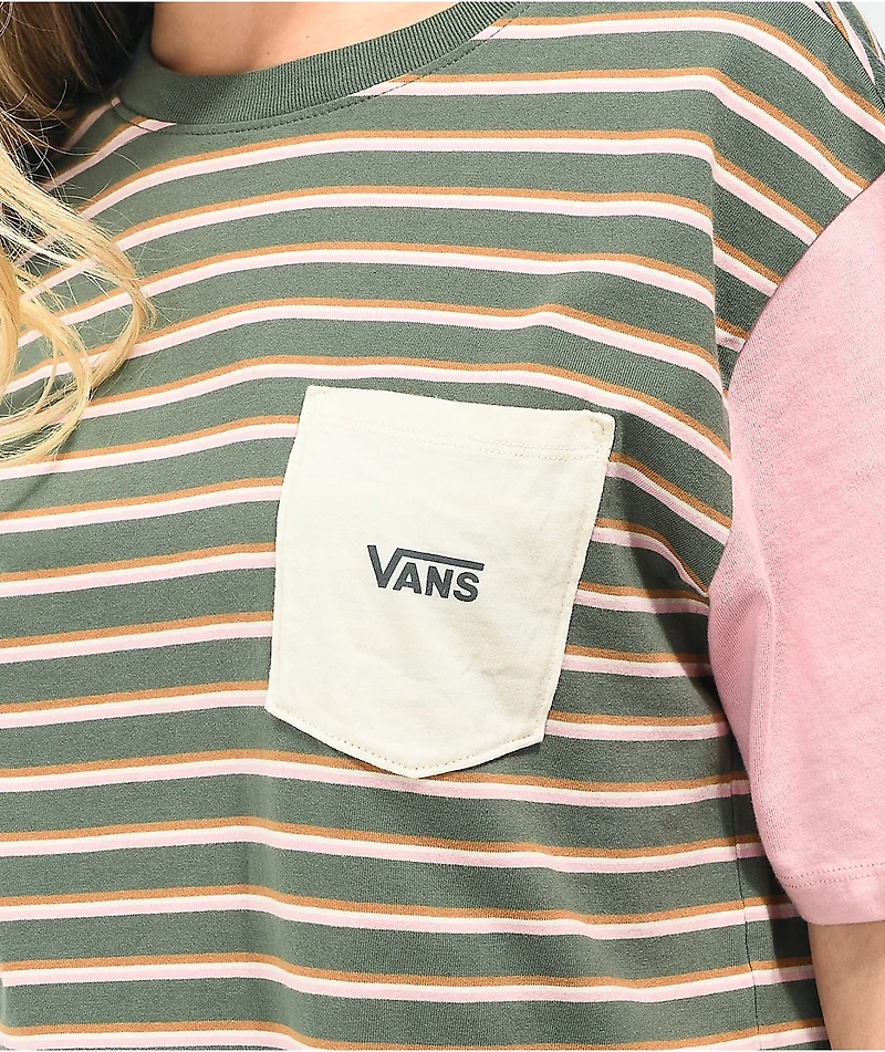 Vans Green, Pink, & Brown Striped Pocket T-Shirt