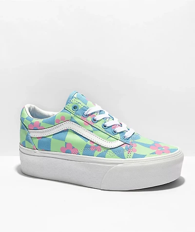 Vans Old Skool Stacked Checkered Floral Blue Platform Shoes
