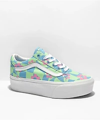 Vans Old Skool Stacked Checkered Floral Blue Platform Shoes